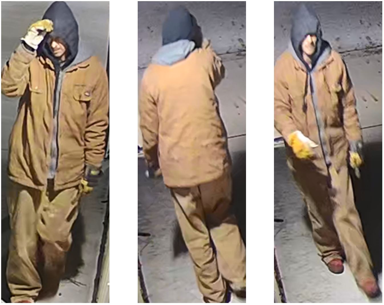 Collage of burglary suspect dressed in tan jacket, gray hoodie and tan pants. Suspect is also wearing yellow gloves. 